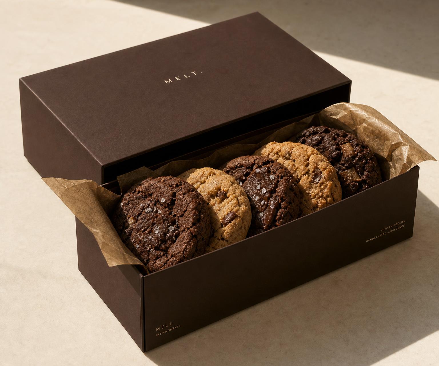 An open MELT gift box containing six cookies
