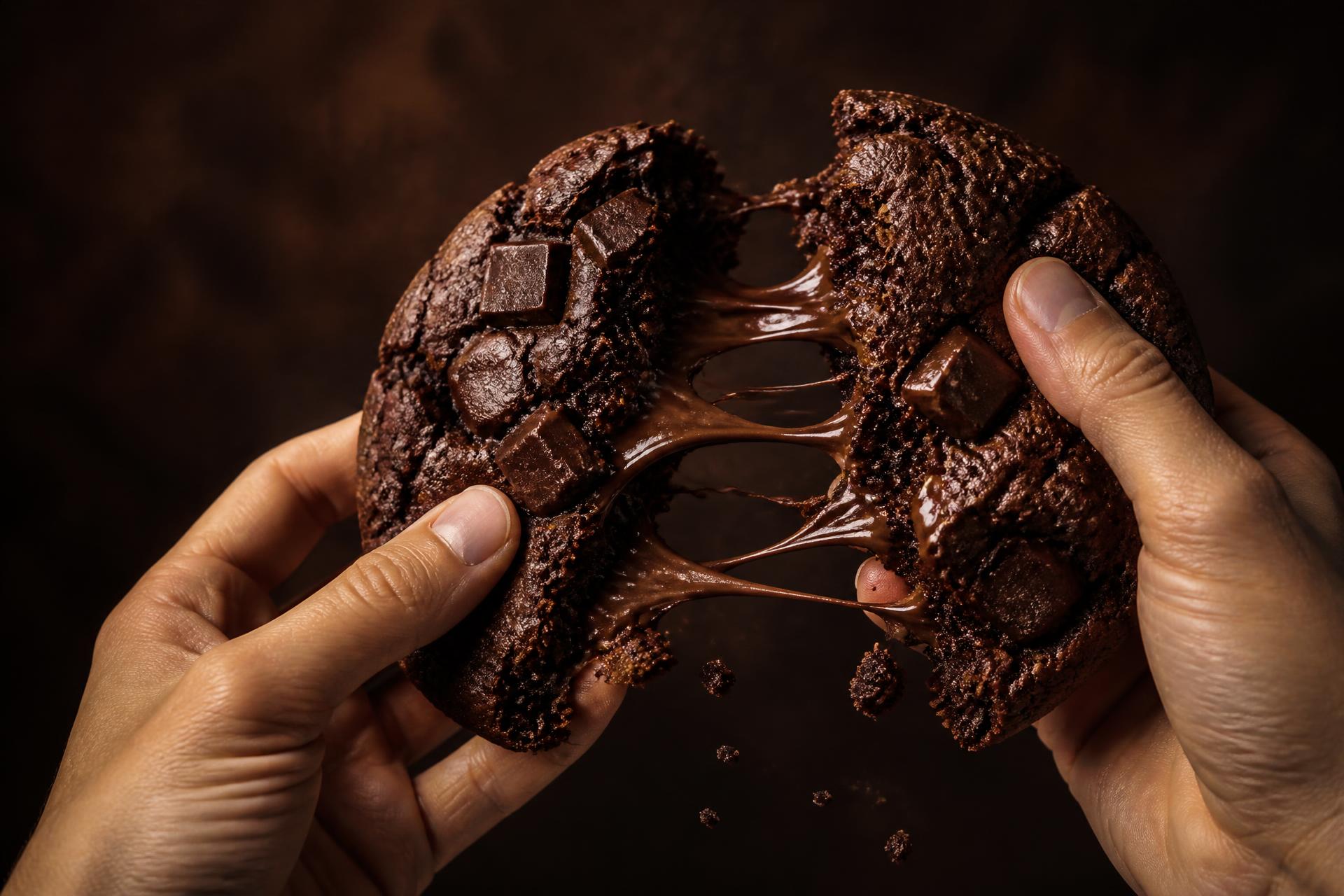 A chocolate cookie being pulled apart to reveal its molten centre